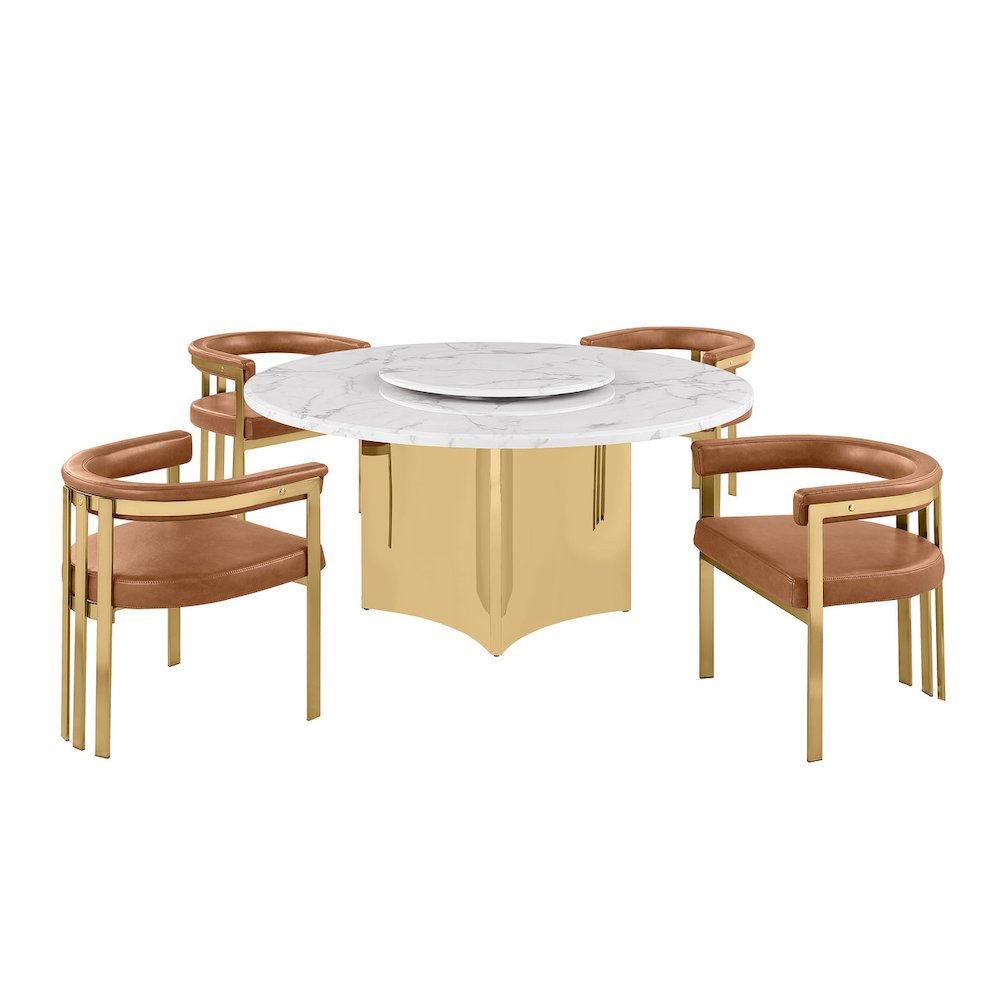 5pc Circle Marble Top Gold Base With Lazy Susan and 4 Toffee Chairs. Picture 1