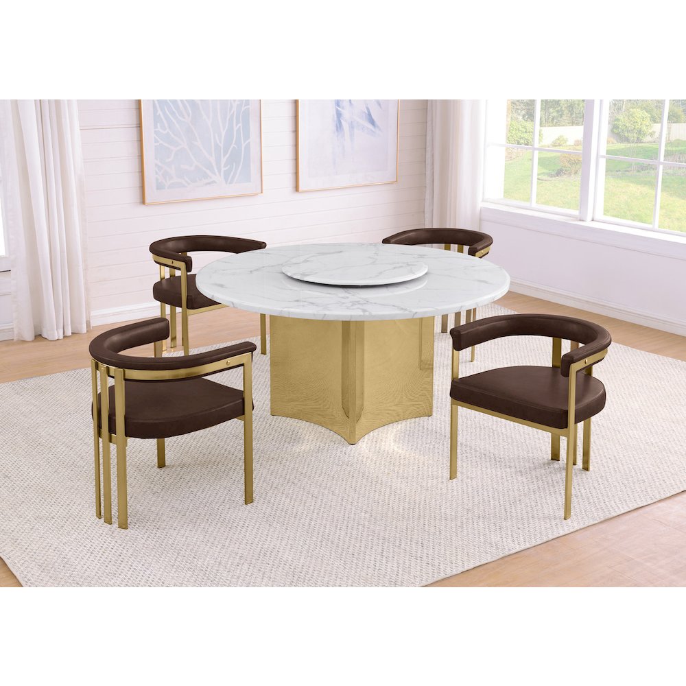 5pc Circle Marble Top Gold Base With Lazy Susan and 4 Espresso Chairs. Picture 2