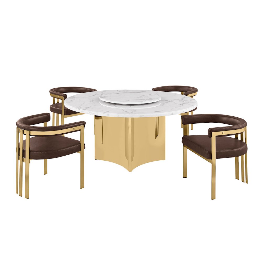 5pc Circle Marble Top Gold Base With Lazy Susan and 4 Espresso Chairs. Picture 1