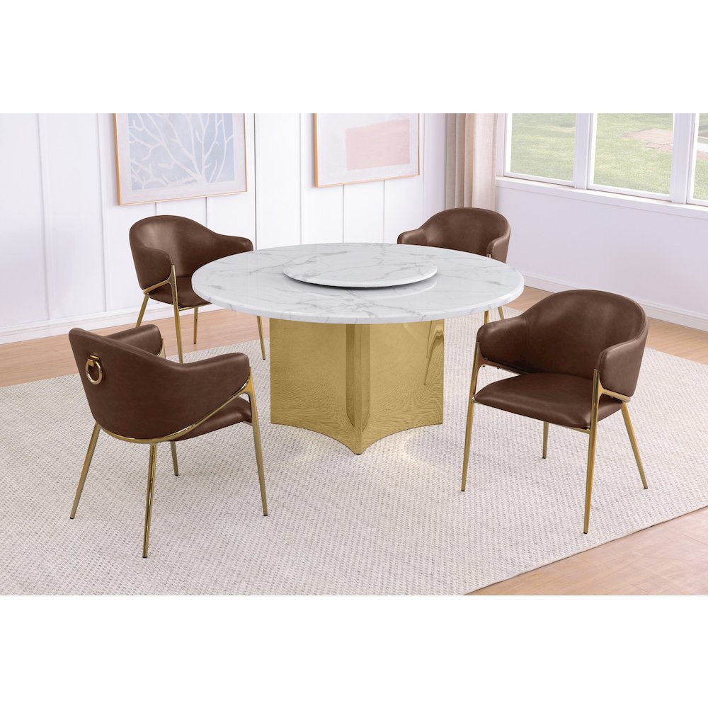 5pc Circle Marble Top Gold Base With Lazy Susan and 4 Mocha Chairs. Picture 2