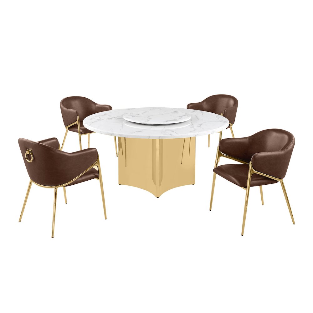5pc Circle Marble Top Gold Base With Lazy Susan and 4 Mocha Chairs. Picture 1