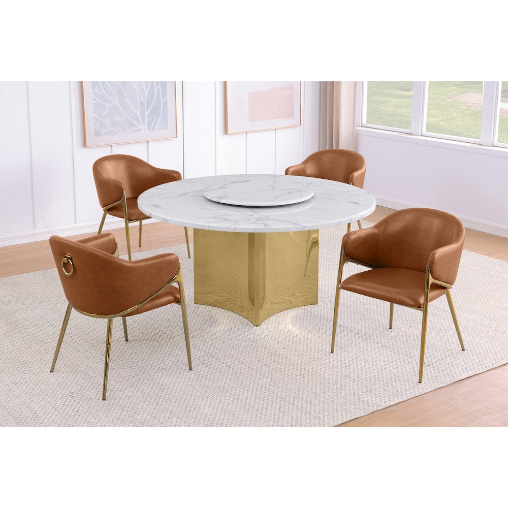 5pc Circle Marble Top Gold Base With Lazy Susan and 4 Toffee Chairs. Picture 2