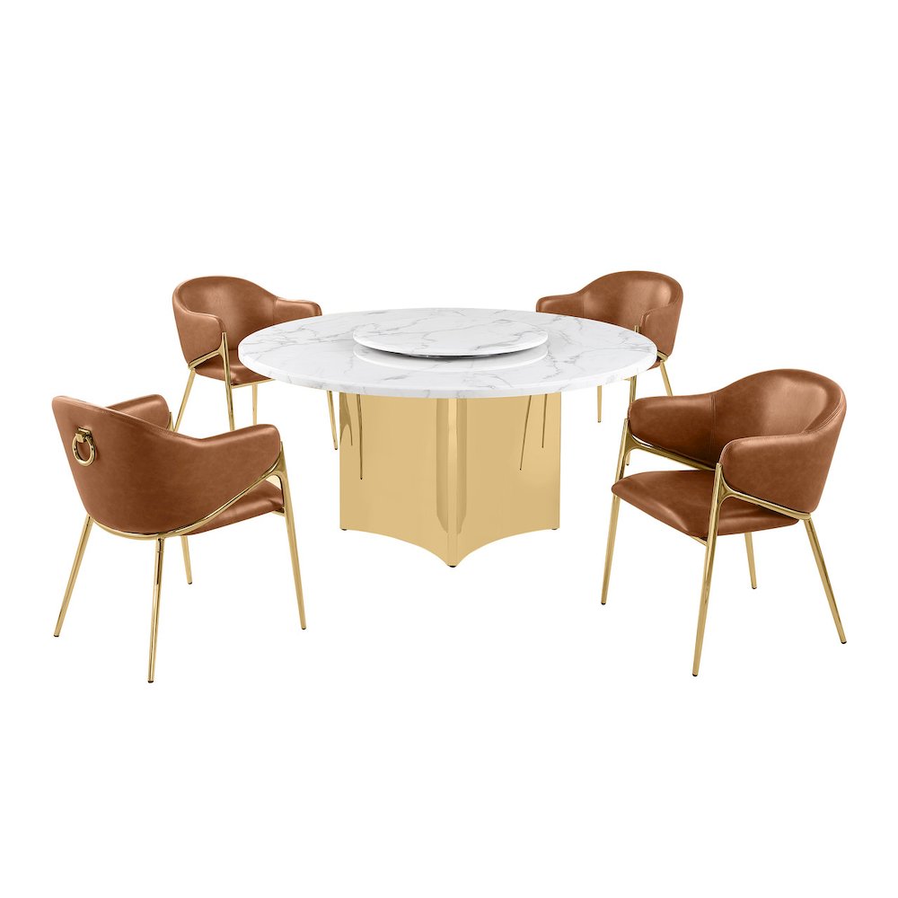 5pc Circle Marble Top Gold Base With Lazy Susan and 4 Toffee Chairs. Picture 1