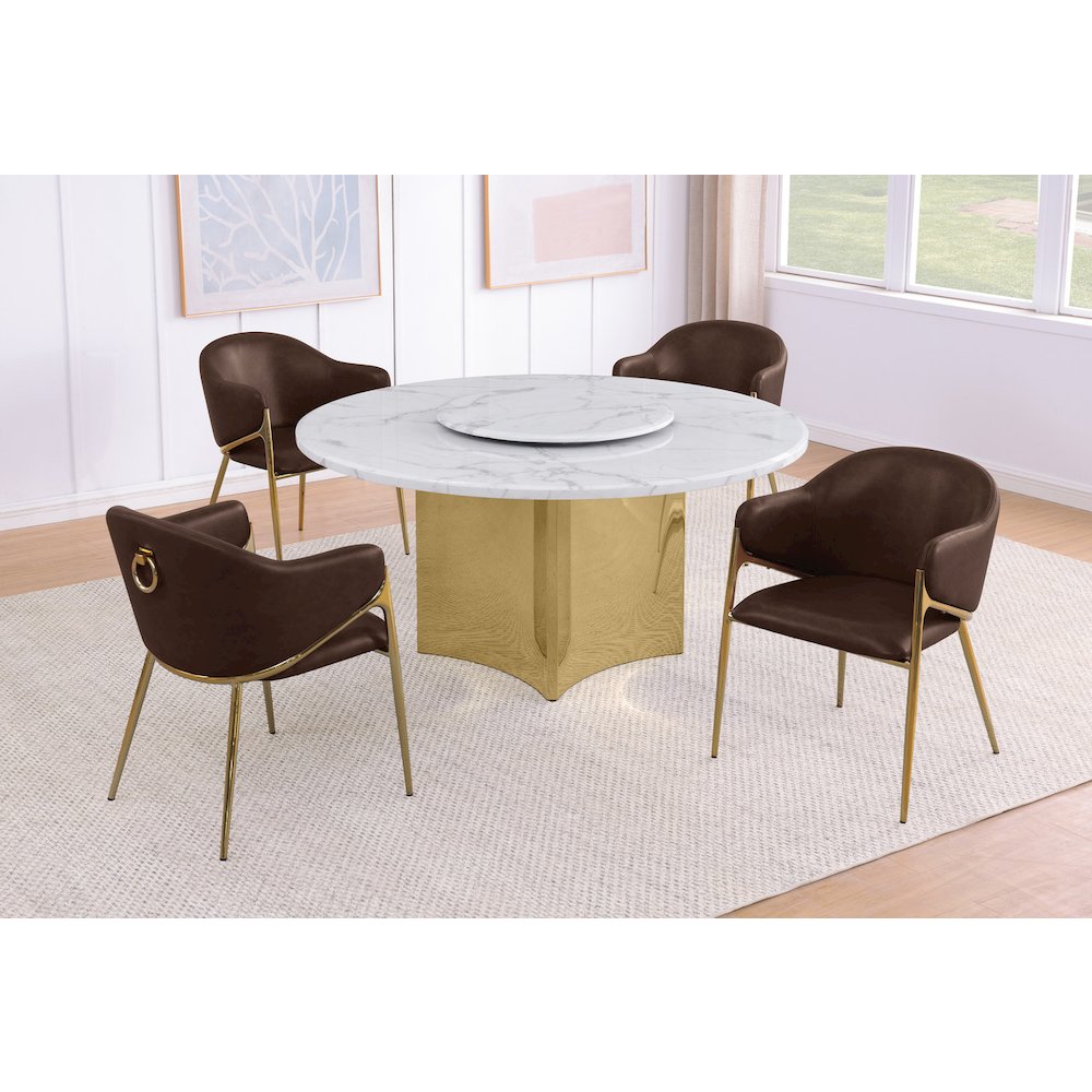 5pc Circle Marble Top Gold Base With Lazy Susan and 4 Espresso Chairs. Picture 2