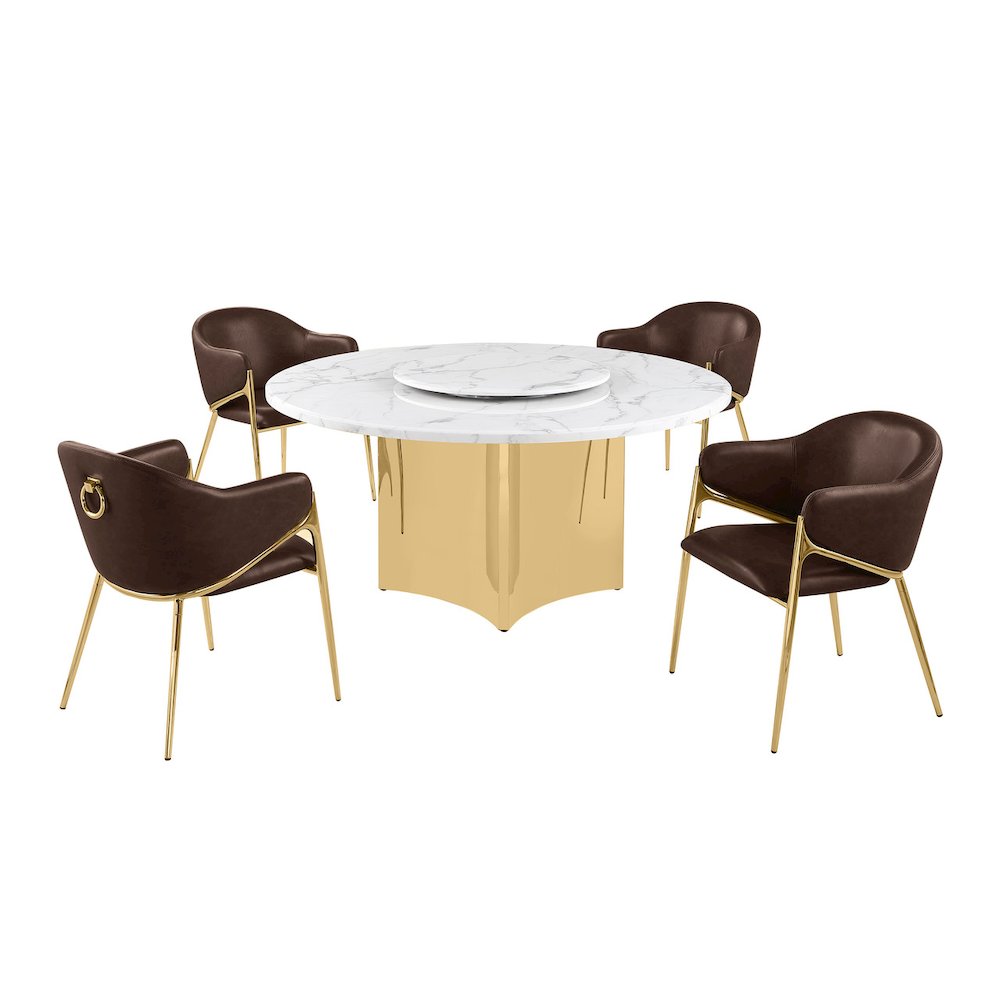 5pc Circle Marble Top Gold Base With Lazy Susan and 4 Espresso Chairs. Picture 1