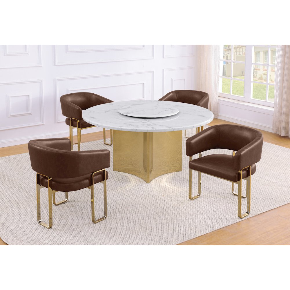 5pc Circle Marble Top With Lazy Susan and 4 Mocha Leatheraire Chair. Picture 2