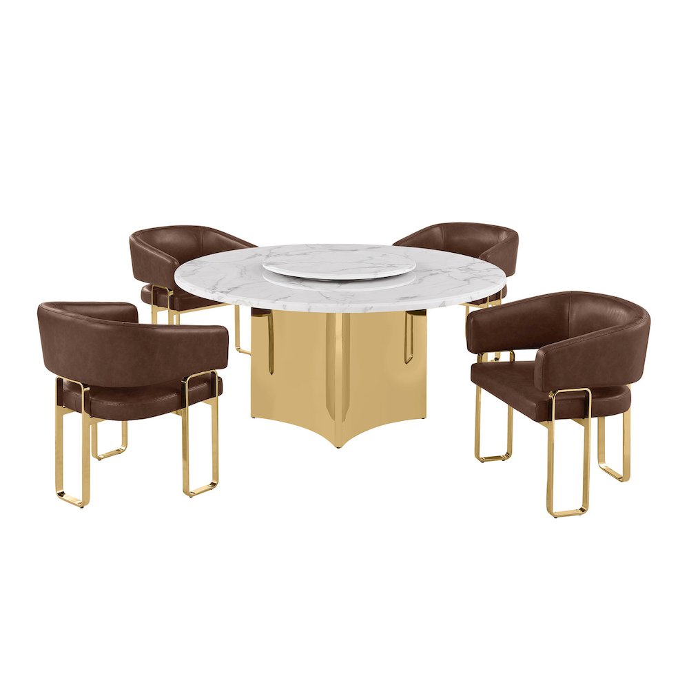 5pc Circle Marble Top With Lazy Susan and 4 Mocha Leatheraire Chair. Picture 1
