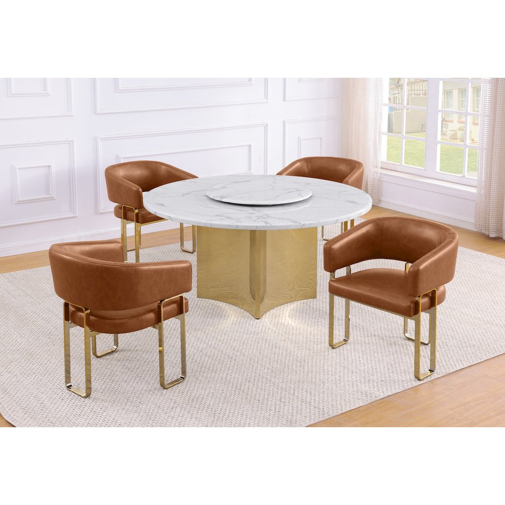 5pc Circle Marble Top With Lazy Susan and 4 Toffee Leatheraire Tri-Leg Chair. Picture 2