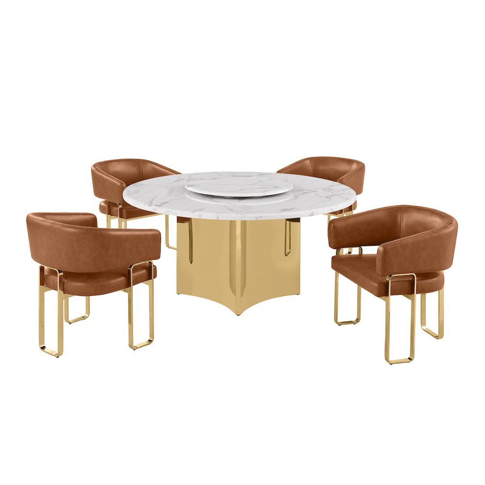 5pc Circle Marble Top With Lazy Susan and 4 Toffee Leatheraire Tri-Leg Chair. Picture 1