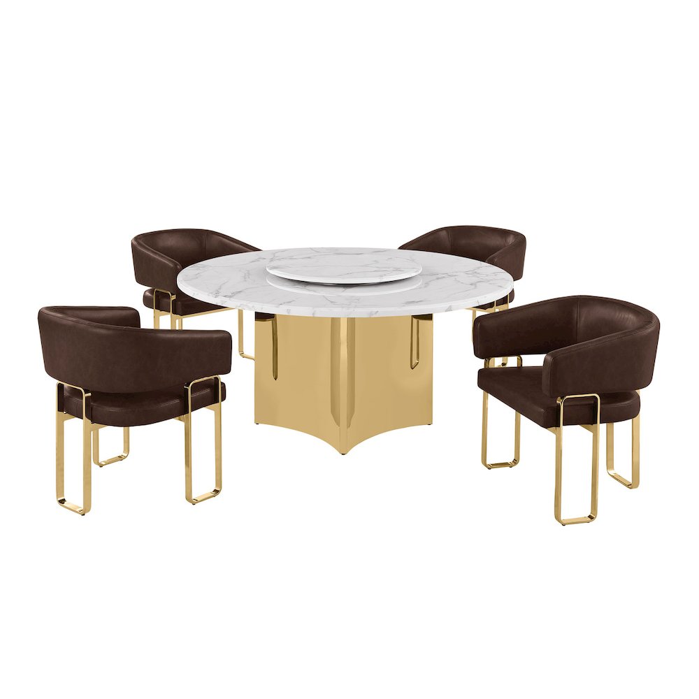 5pc Circle Marble Top With Lazy Susan and 4 Espresso Leatheraire Tri-Leg Chair. Picture 1