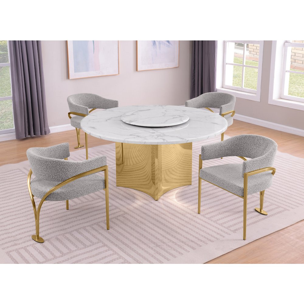 5pc Circle Marble Top Gold Base With Lazy Susan and 4 Rich Gray Chairs. Picture 2