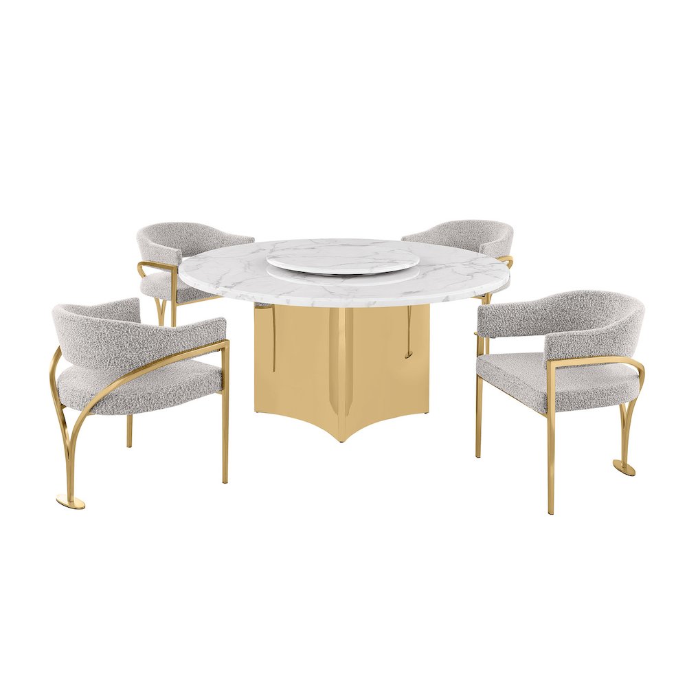 5pc Circle Marble Top Gold Base With Lazy Susan and 4 Rich Gray Chairs. Picture 1