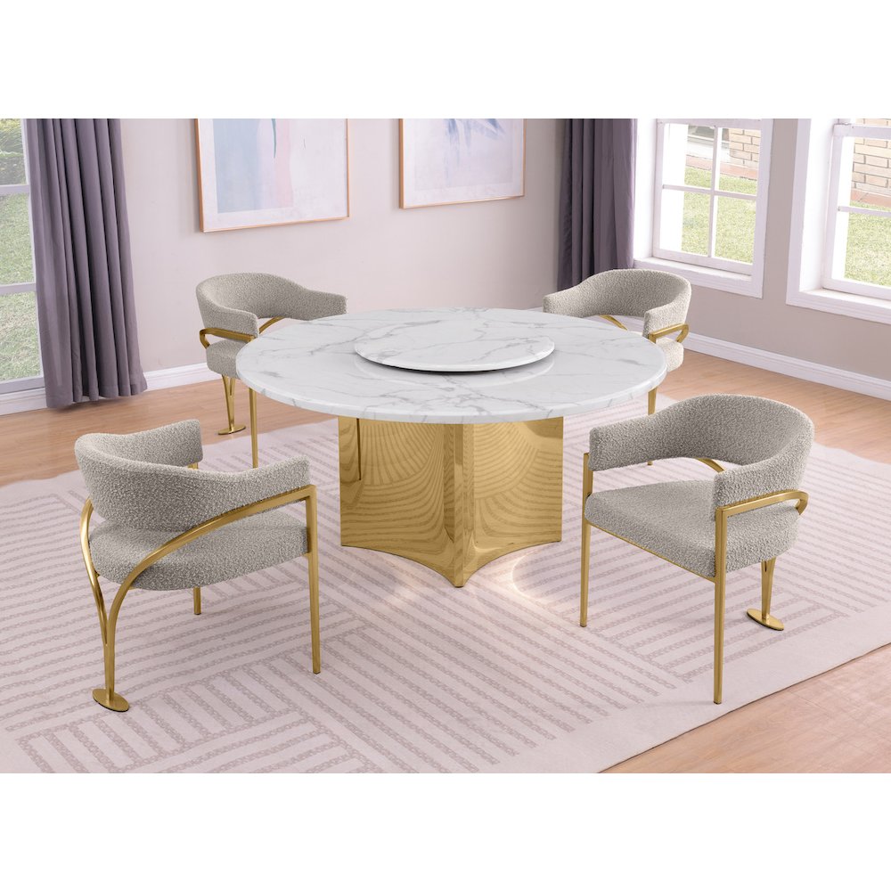 5pc Circle Marble Top Gold Base With Lazy Susan and 4 Gray Chairs. Picture 2