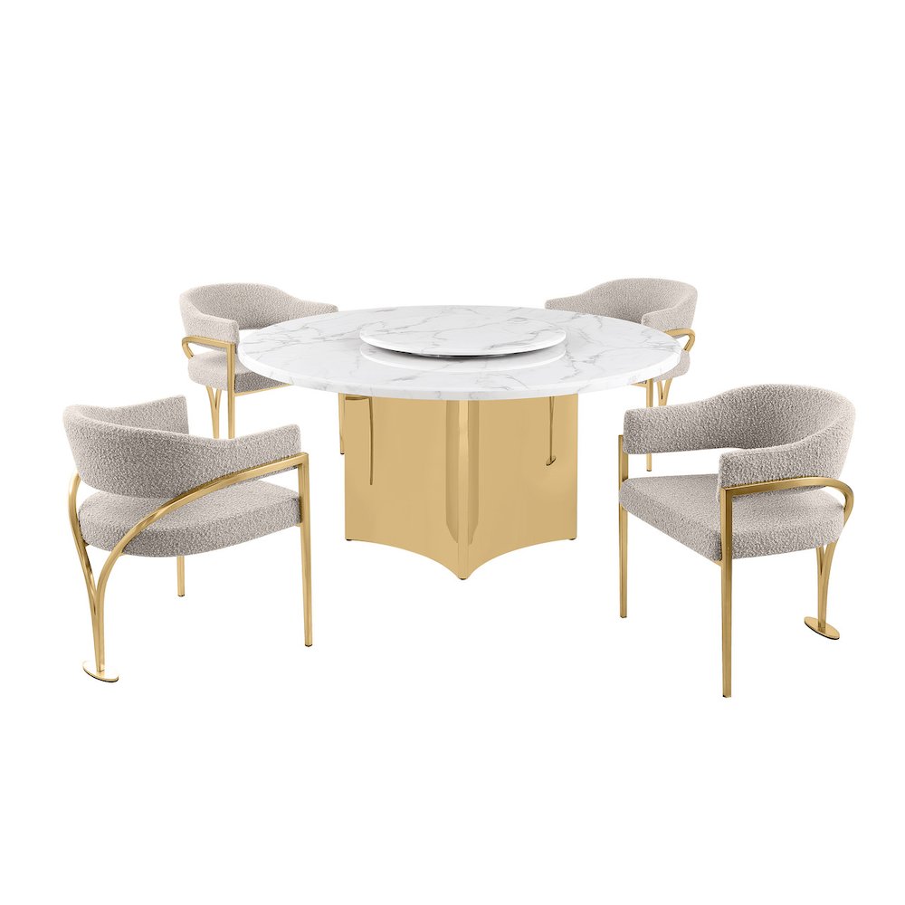 5pc Circle Marble Top Gold Base With Lazy Susan and 4 Gray Chairs. Picture 1