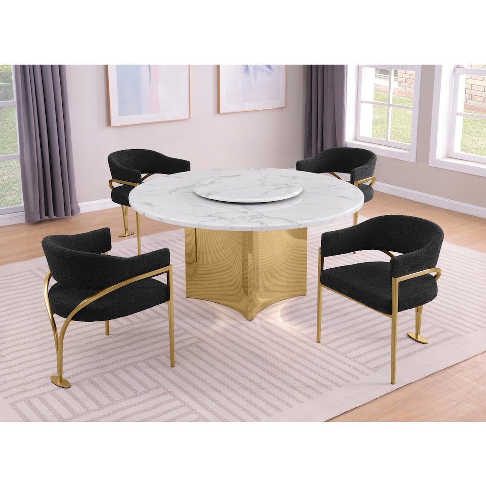 5pc Circle Marble Top Gold Base With Lazy Susan and 4 Black Chairs. Picture 2