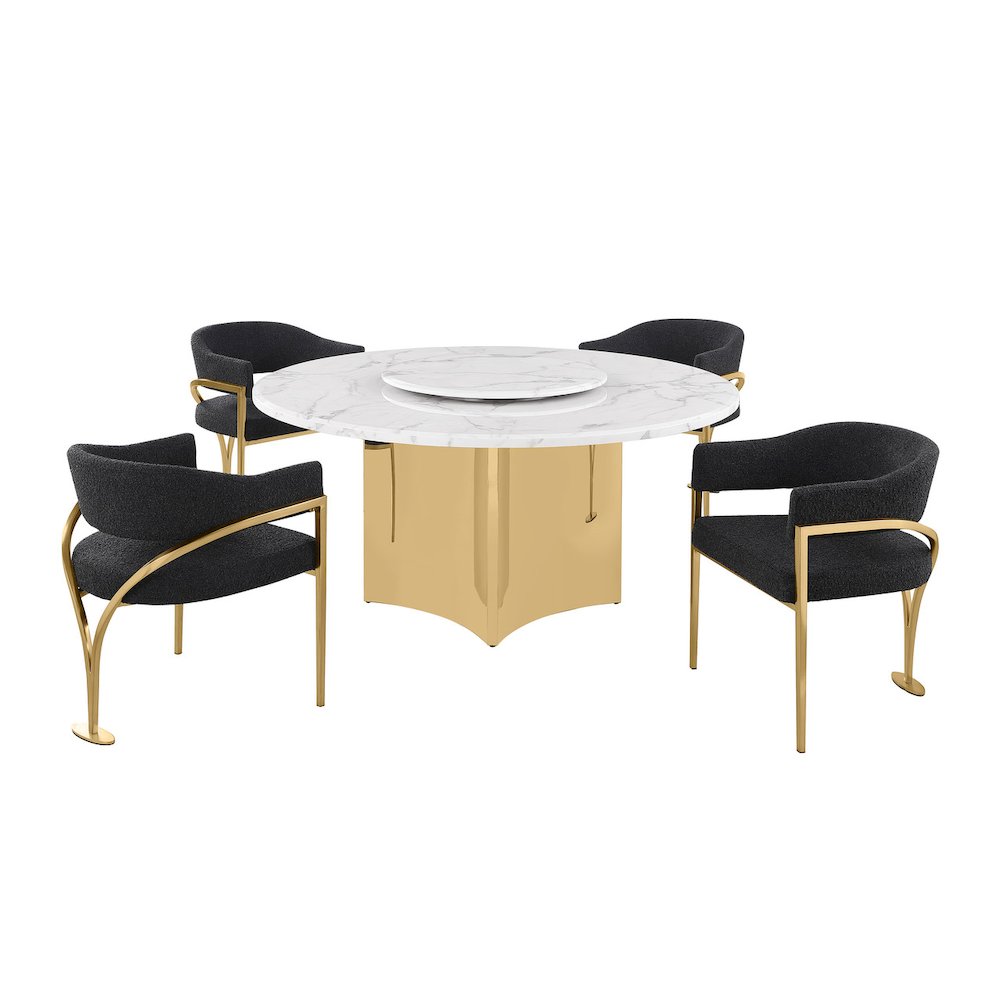 5pc Circle Marble Top Gold Base With Lazy Susan and 4 Black Chairs. Picture 1
