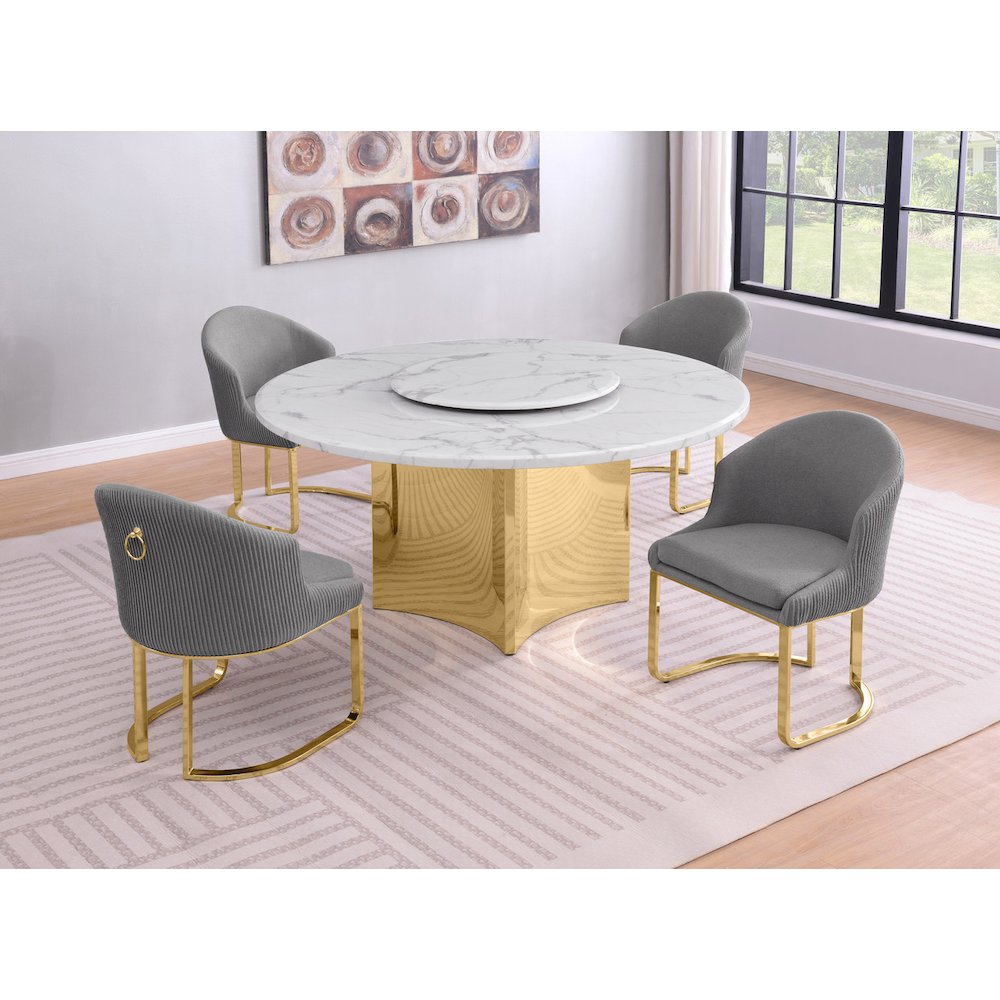 5pc Circle Marble Top With Lazy Susan and 4 Rich Gray Chairs with Gold Base. Picture 2
