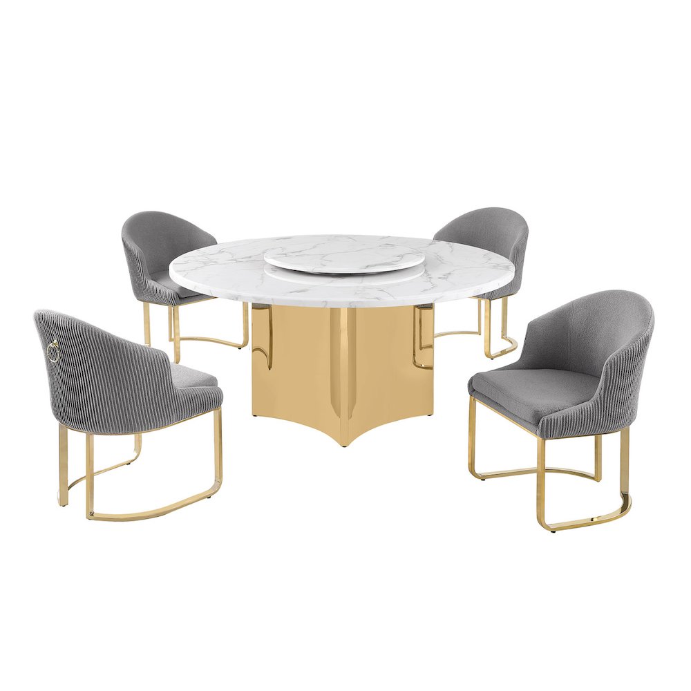 5pc Circle Marble Top With Lazy Susan and 4 Rich Gray Chairs with Gold Base. Picture 1