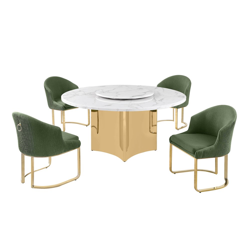 5pc Circle Marble Top With Lazy Susan and 4 Gray Chairs with Gold Base. Picture 1