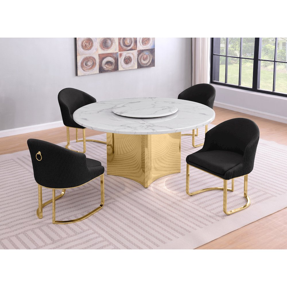 5pc Circle Marble Top With Lazy Susan and 4 Black with Gold Chairs. Picture 2