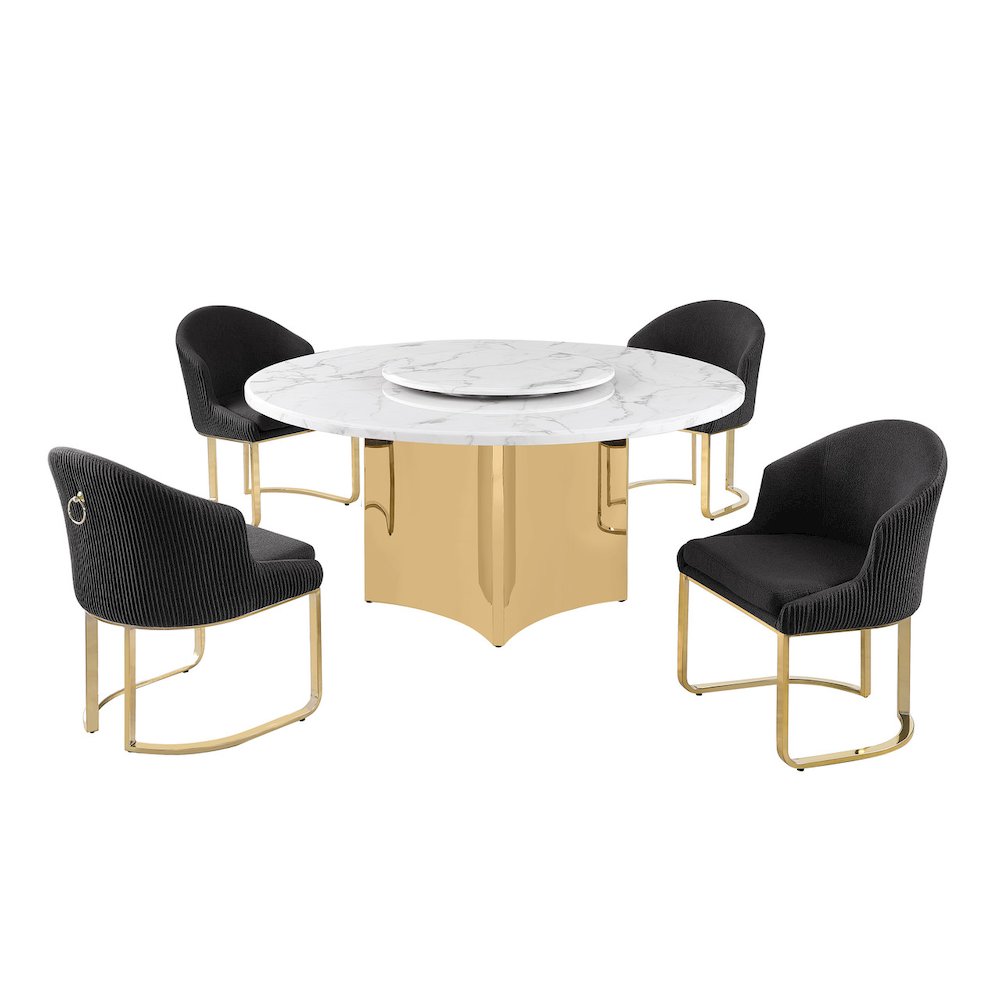 5pc Circle Marble Top With Lazy Susan and 4 Black with Gold Chairs. Picture 1