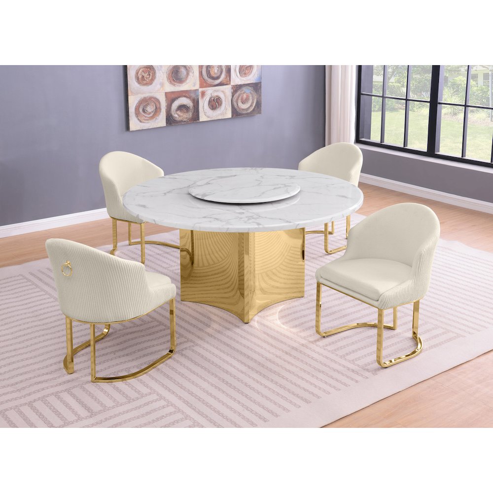 5pc Circle Marble Top With Lazy Susan and 4 Cream Chairs with Gold Base. Picture 2