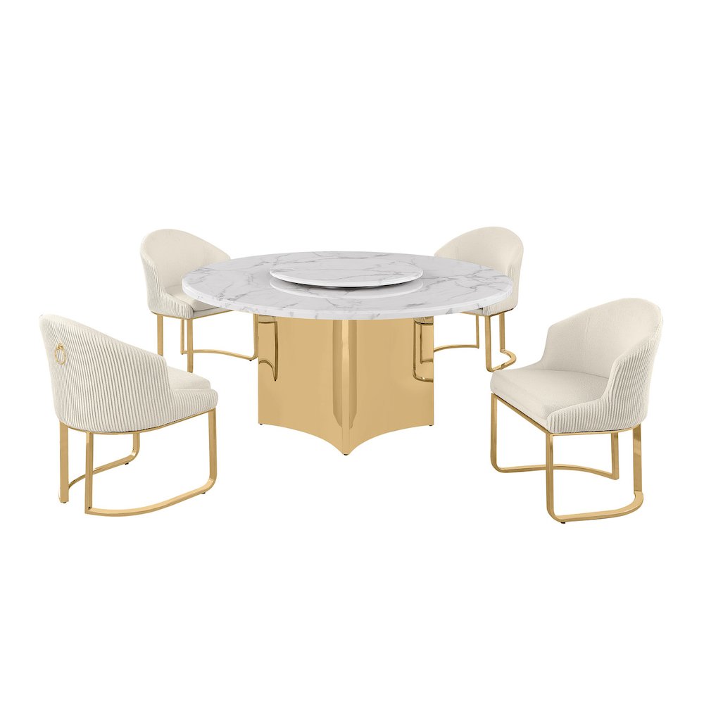 5pc Circle Marble Top With Lazy Susan and 4 Cream Chairs with Gold Base. Picture 1