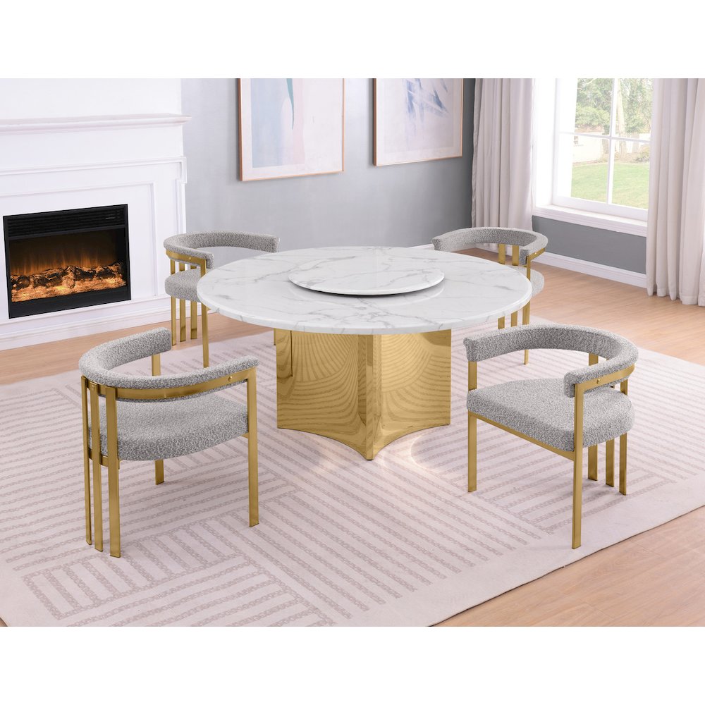 5pc Circle Marble Top Gold Base With Lazy Susan and 4 Rich Gray Chairs. Picture 2