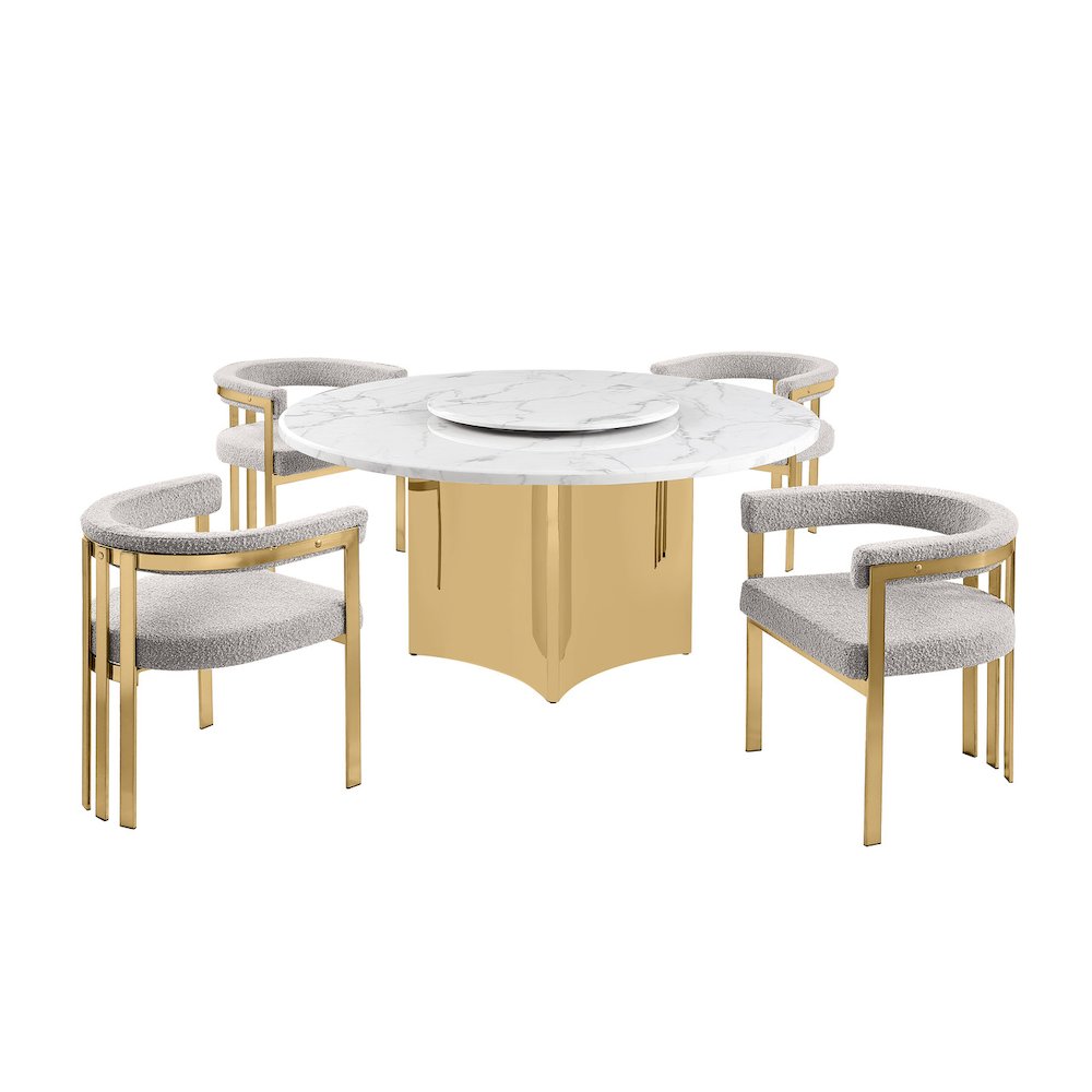 5pc Circle Marble Top Gold Base With Lazy Susan and 4 Rich Gray Chairs. Picture 1