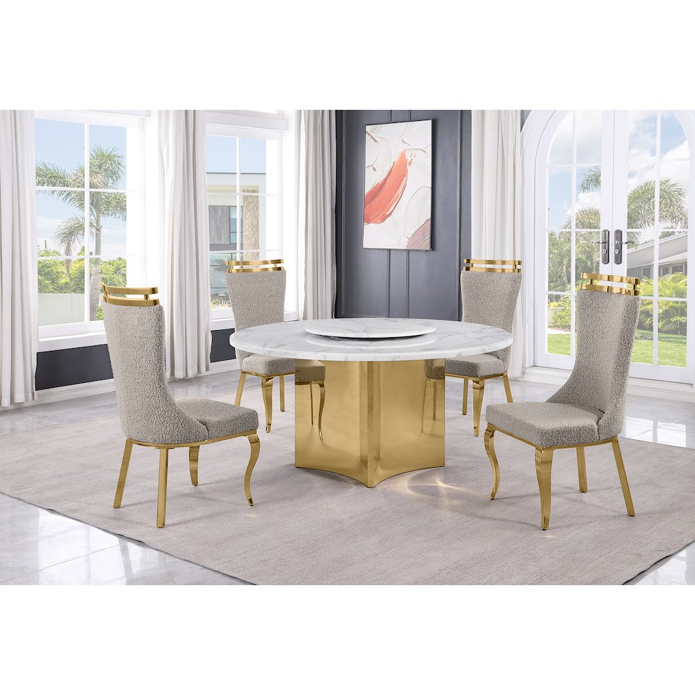 5pc Circle Marble Top With Lazy Susan and 4 Gray Chairs with Gold Base. Picture 2