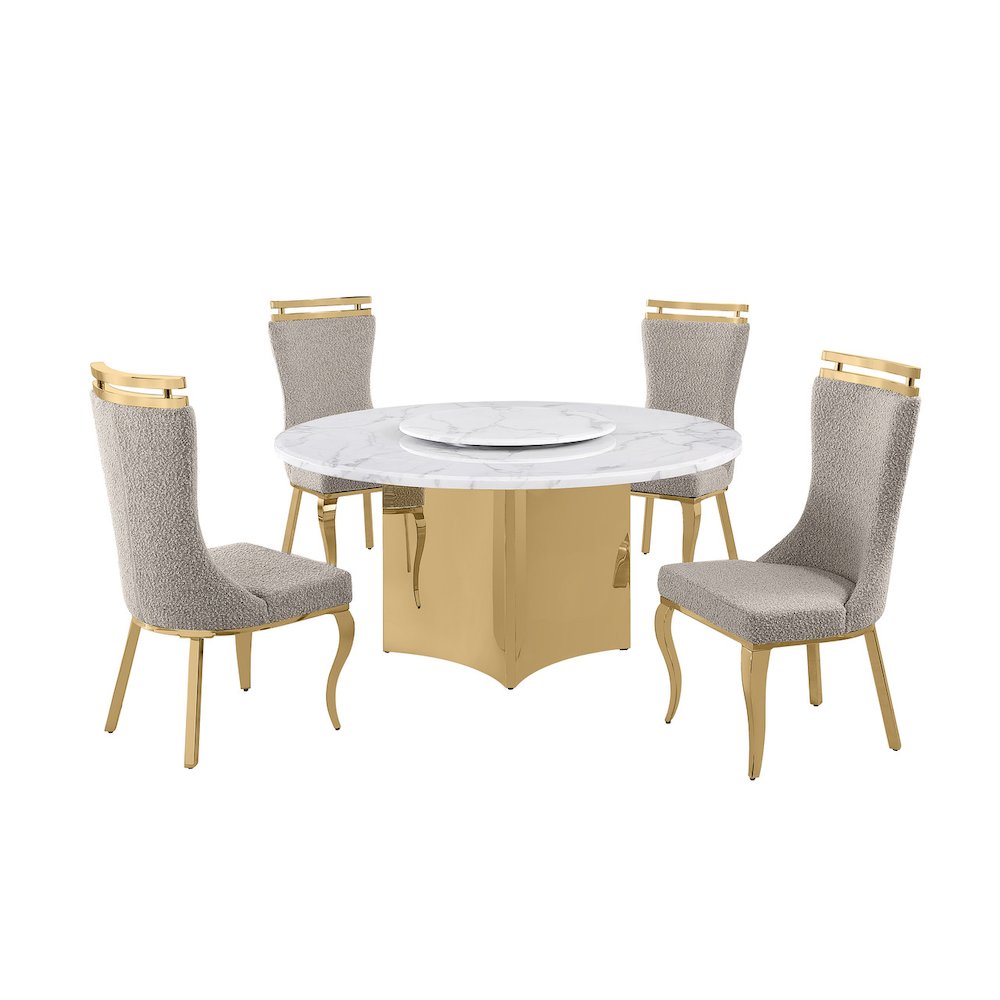 5pc Circle Marble Top With Lazy Susan and 4 Gray Chairs with Gold Base. Picture 1
