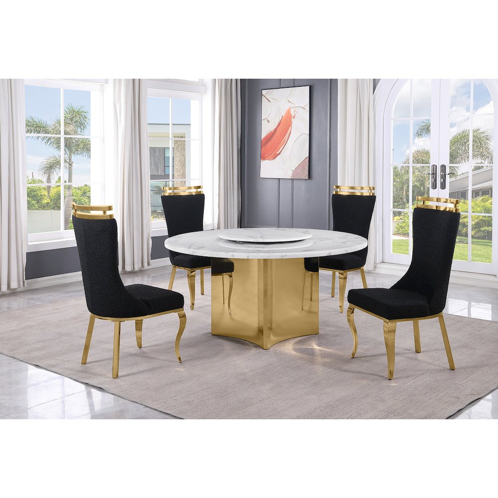 5pc Circle Marble Top With Lazy Susan and 4 Black with Gold Chairs. Picture 2
