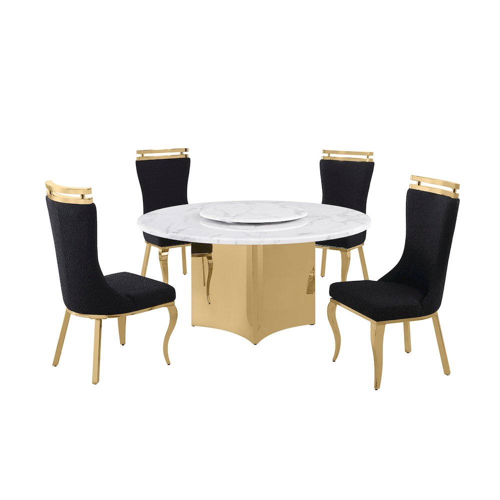 5pc Circle Marble Top With Lazy Susan and 4 Black with Gold Chairs. Picture 1