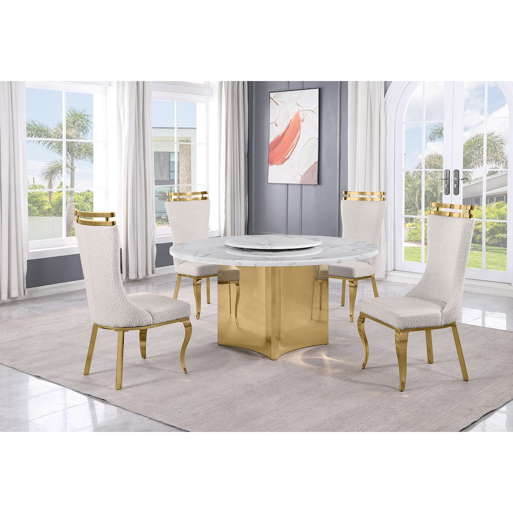 5pc Circle Marble Top With Lazy Susan and 4 Cream Chairs with Gold Base. Picture 2