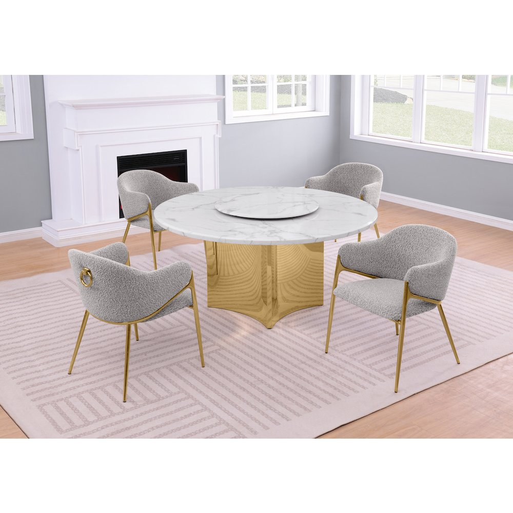 5pc Circle Marble Top With Lazy Susan and 4 Rich Gray Chairs with Gold Base. Picture 2