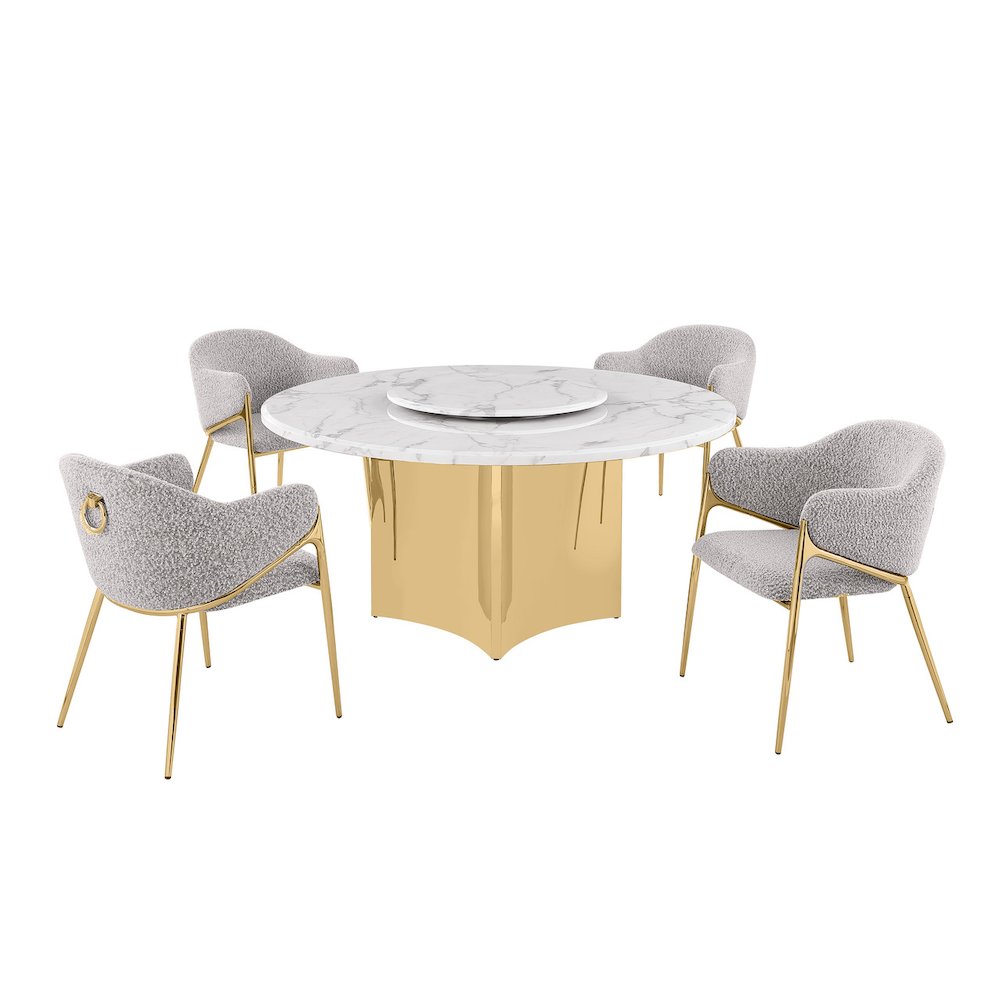 5pc Circle Marble Top With Lazy Susan and 4 Rich Gray Chairs with Gold Base. Picture 1