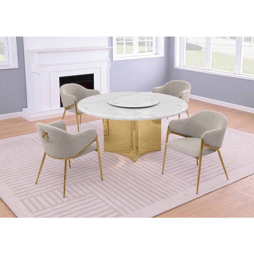 5pc Circle Marble Top With Lazy Susan and 4 Gray Chairs with Gold Base. Picture 2