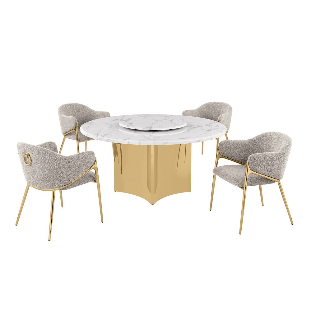 5pc Circle Marble Top With Lazy Susan and 4 Gray Chairs with Gold Base. Picture 1