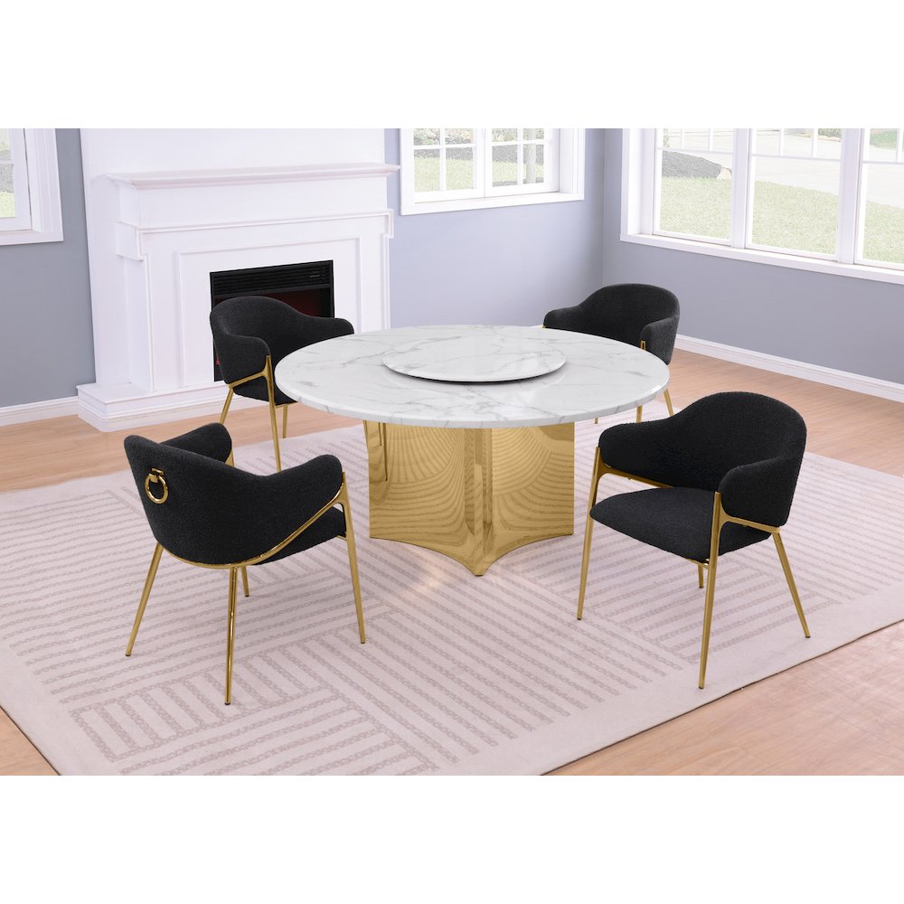 5pc Circle Marble Top With Lazy Susan and 4 Black with Gold Base Chairs. Picture 2