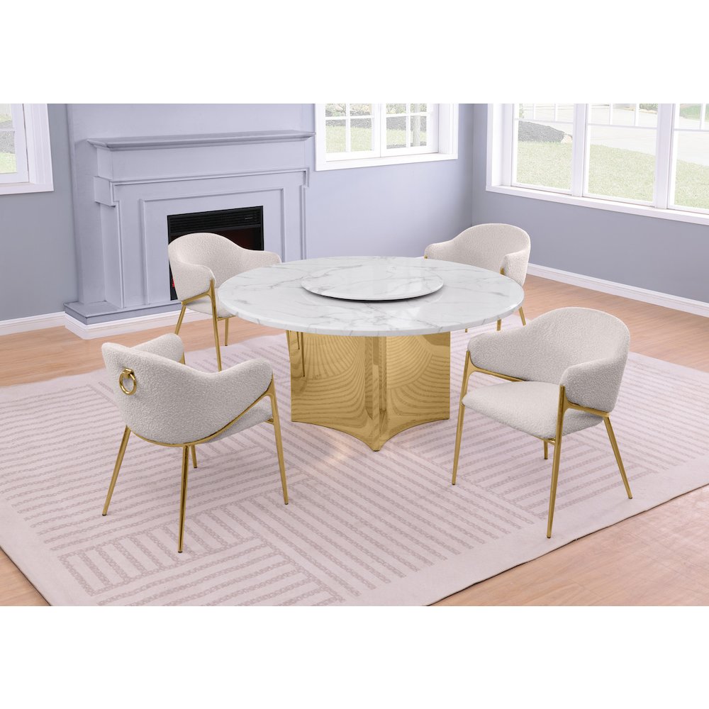 5pc Circle Marble Top With Lazy Susan and 4 Cream Chairs with Gold Base. Picture 2