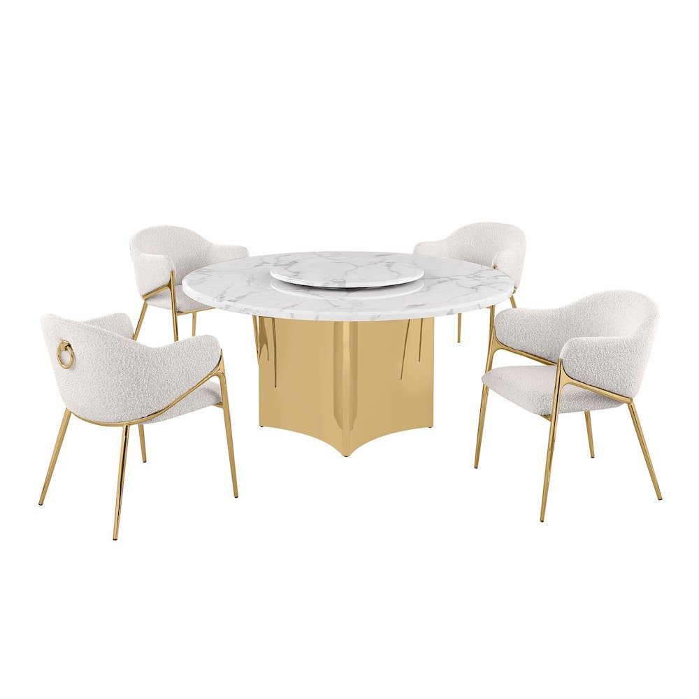 5pc Circle Marble Top With Lazy Susan and 4 Cream Chairs with Gold Base. Picture 1