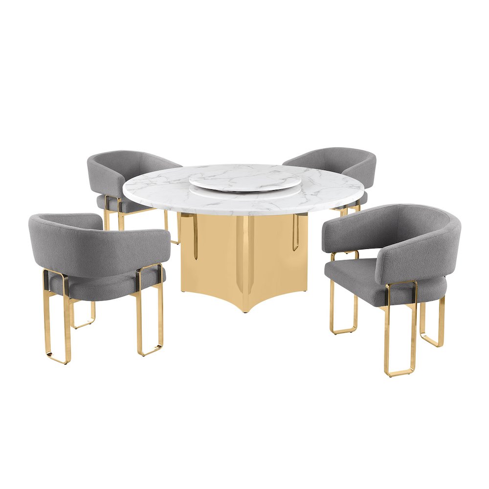 5pc Circle Marble Top With Lazy Susan and 4 Dark Gray Tri-Leg Desing Gold Base. Picture 1