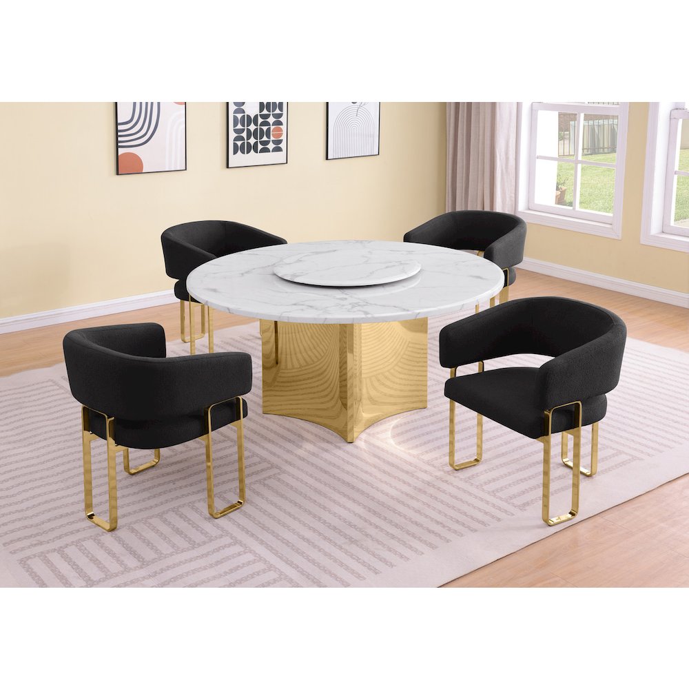 5pc Circle Marble Top With Lazy Susan and 4 Black Tri-Leg Desing Gold Base. Picture 2