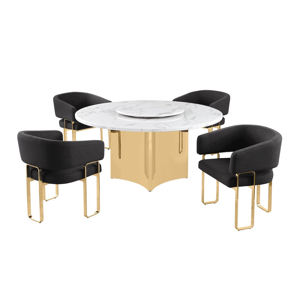 5pc Circle Marble Top With Lazy Susan and 4 Black Tri-Leg Desing Gold Base. Picture 1