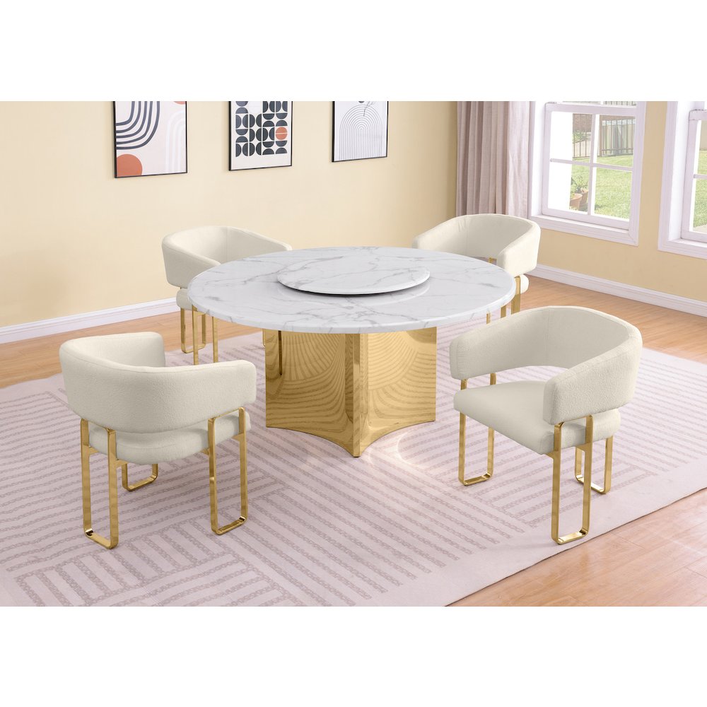5pc Circle Marble Top With Lazy Susan and 4 Cream Tri-Leg Desing Gold Base. Picture 2
