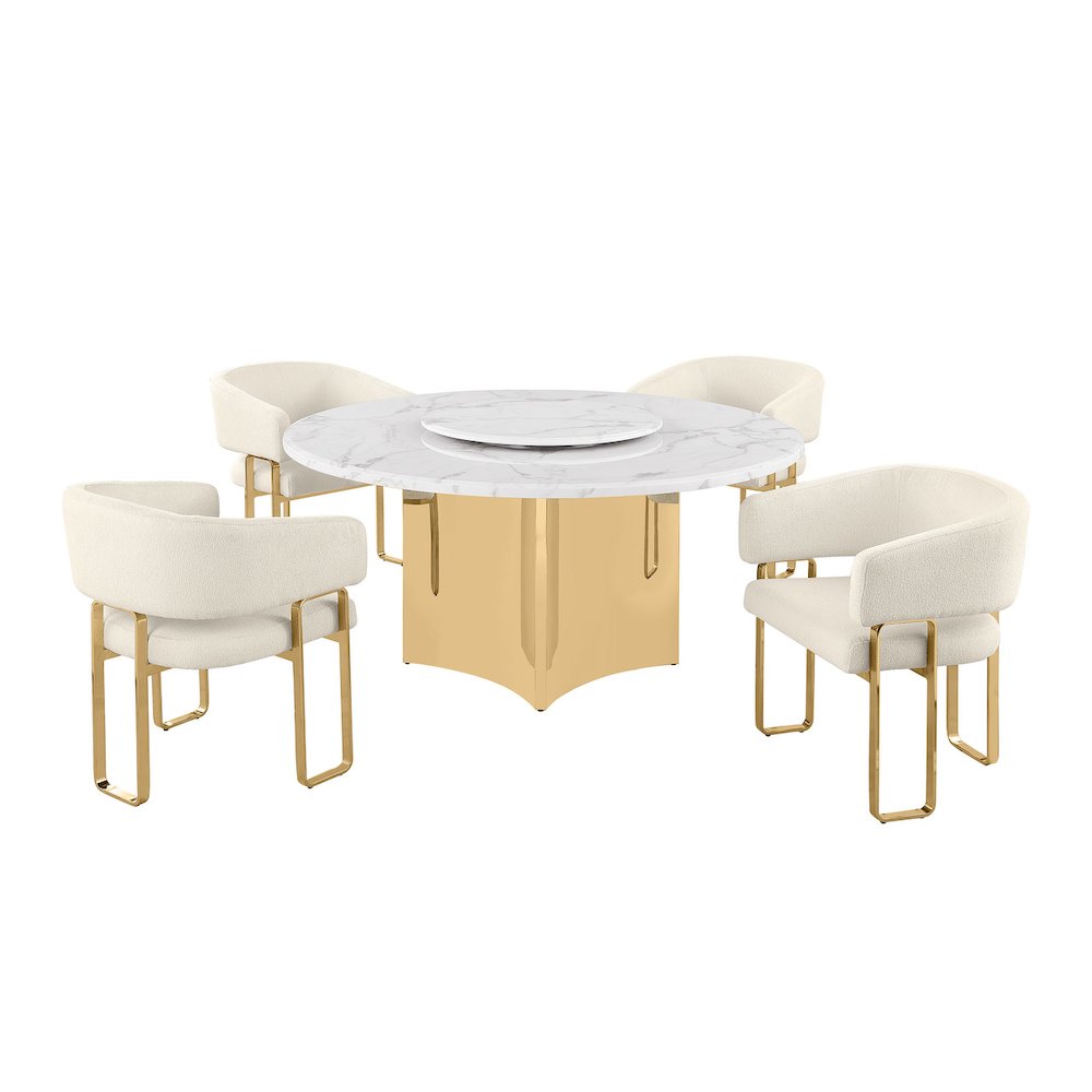 5pc Circle Marble Top With Lazy Susan and 4 Cream Tri-Leg Desing Gold Base. Picture 1