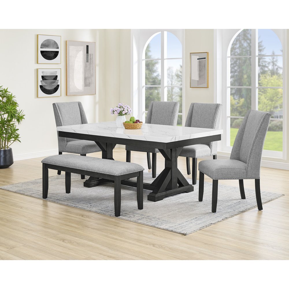 6Pc Fuax Marble Top Dining Set With 4 Gray Side Chairs And A Matching Bench. Picture 7