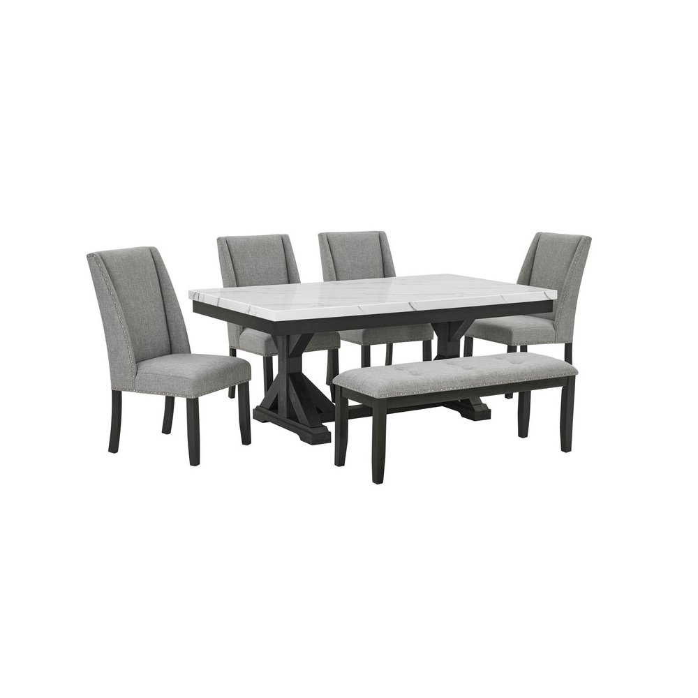 6Pc Fuax Marble Top Dining Set With 4 Gray Side Chairs And A Matching Bench. Picture 1