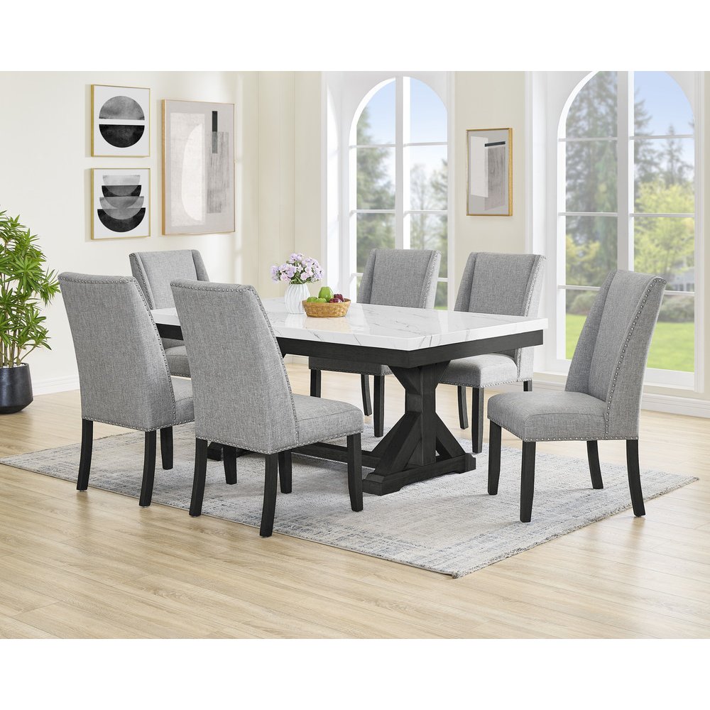 7Pc Fuax Marble Top Dining Set With 6 Gray Side Chairs. Picture 6