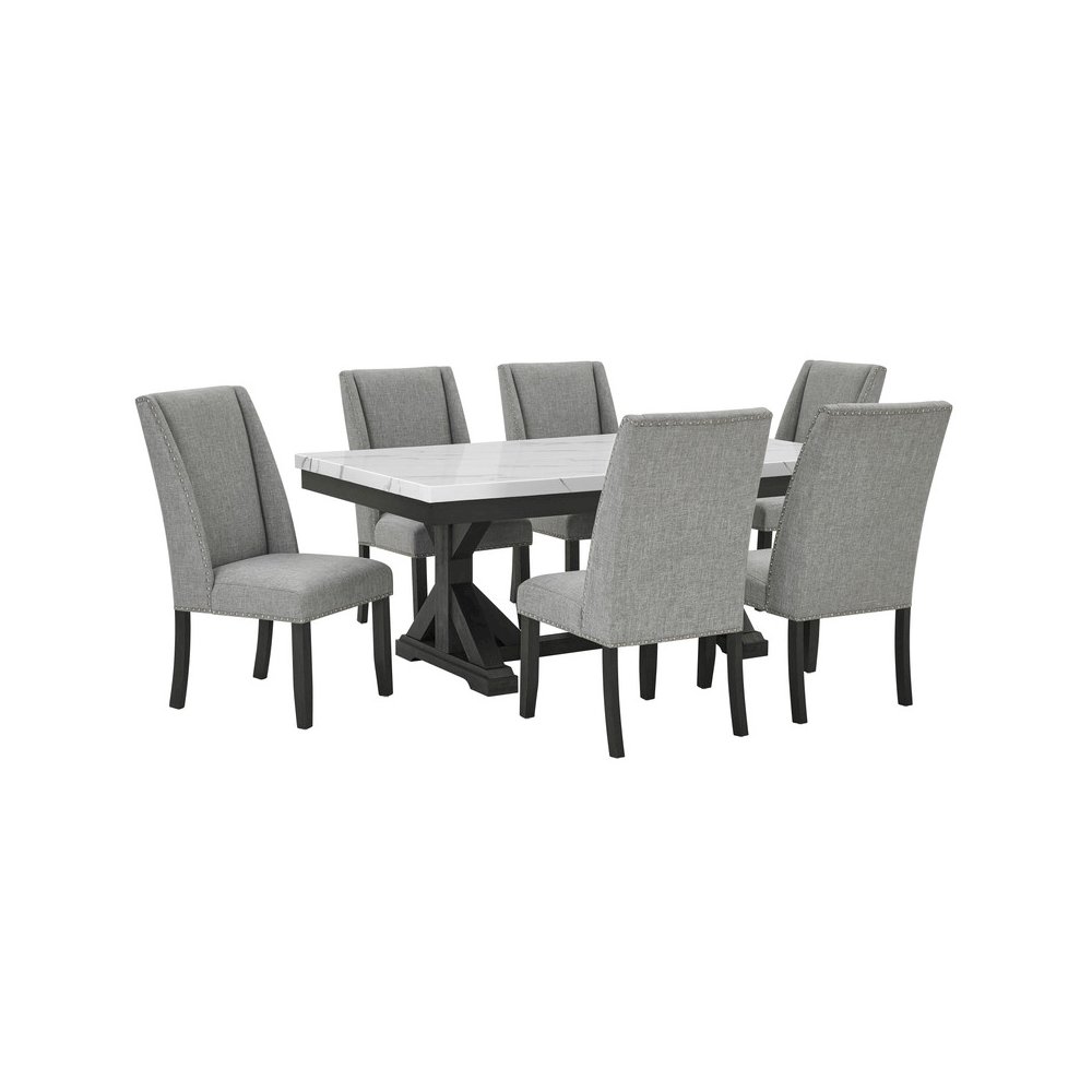 7Pc Fuax Marble Top Dining Set With 6 Gray Side Chairs. Picture 1